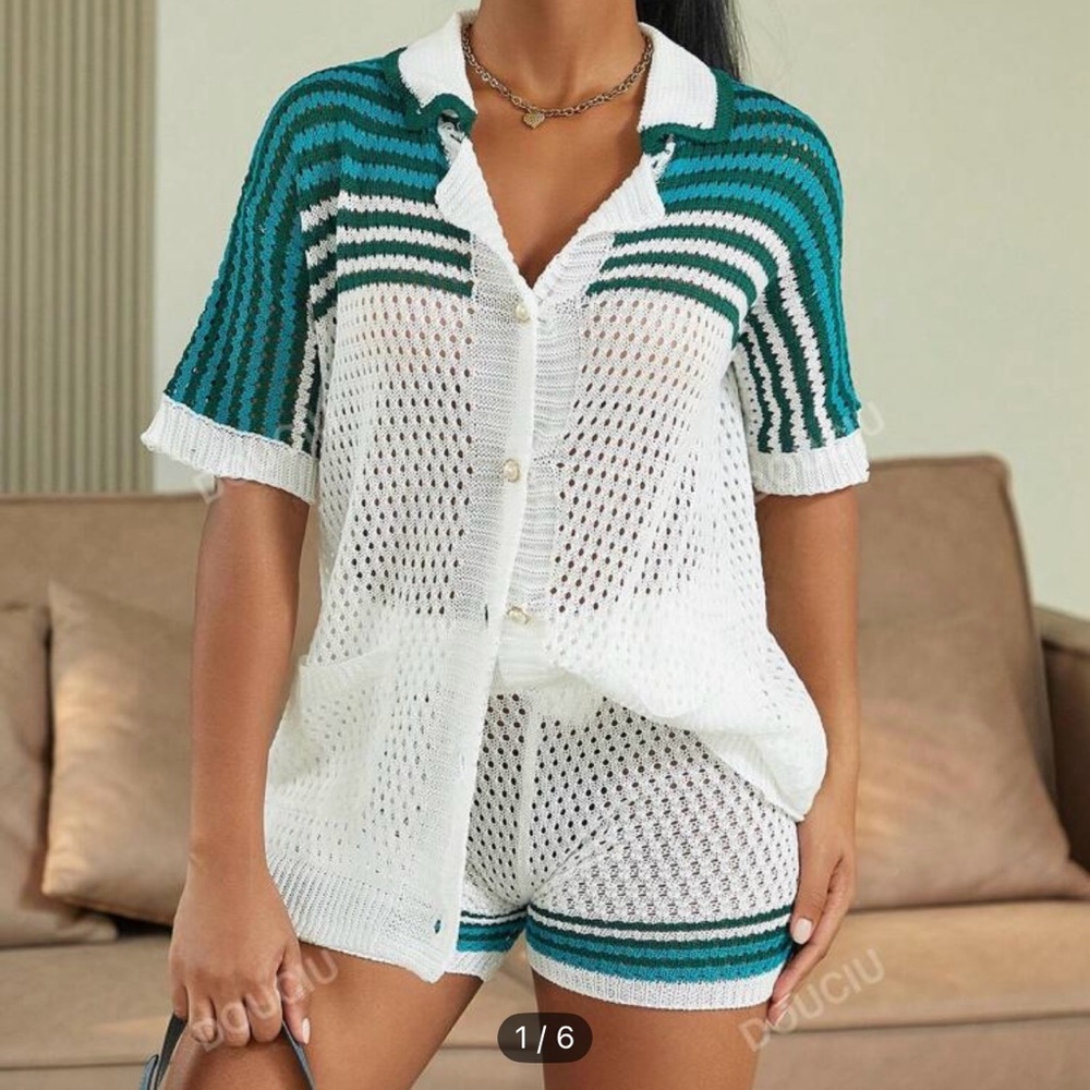Striped Pattern Button Front Cardigan & Knit Shorts Two Piece Set